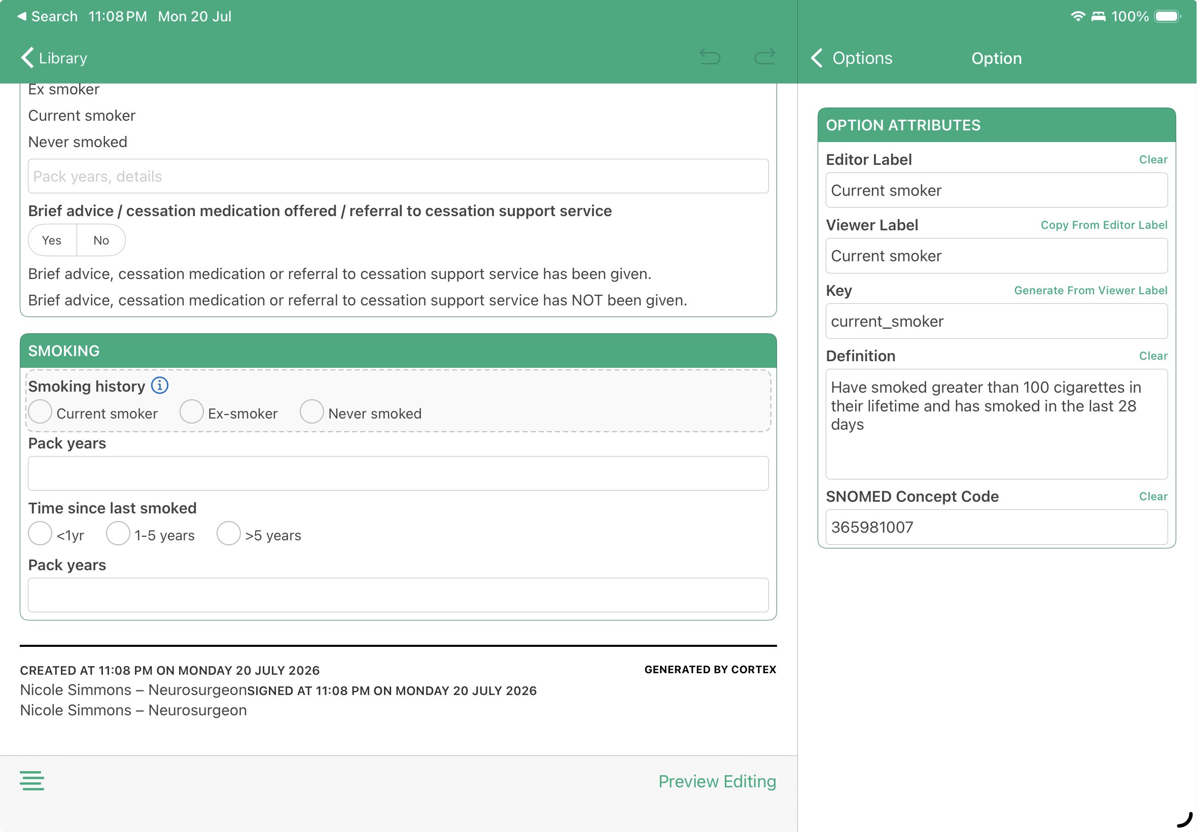A token component capturing a SNOMED CT coded entry in Cortex