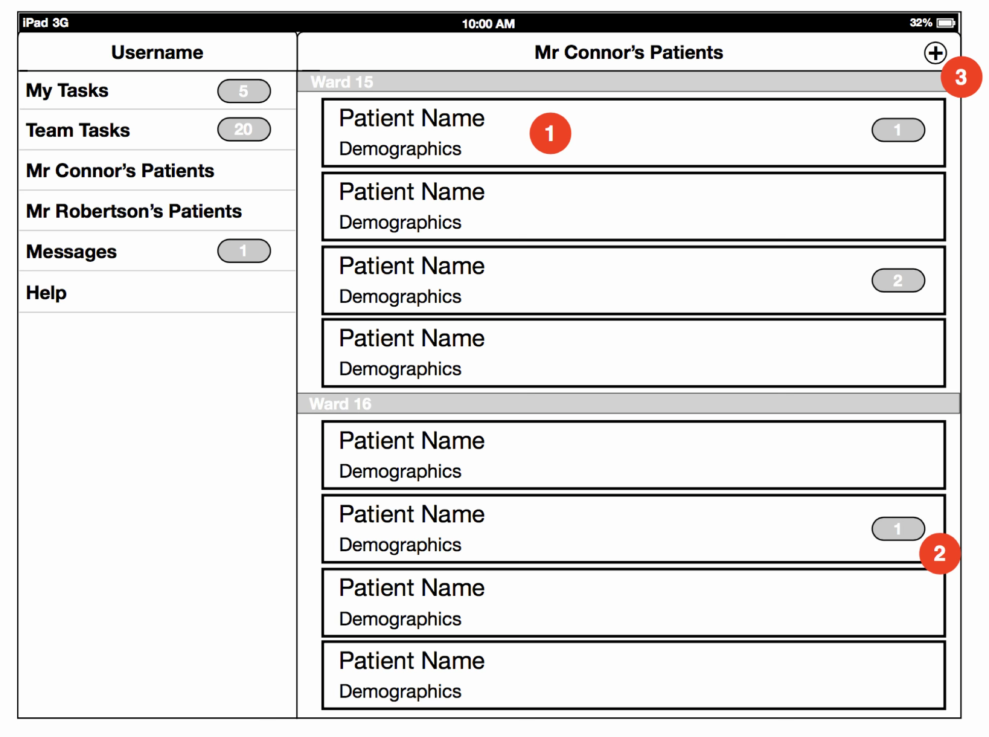 The original Cortex wireframe: a black and white iPad sketch of task lists and a consultant's patient list
