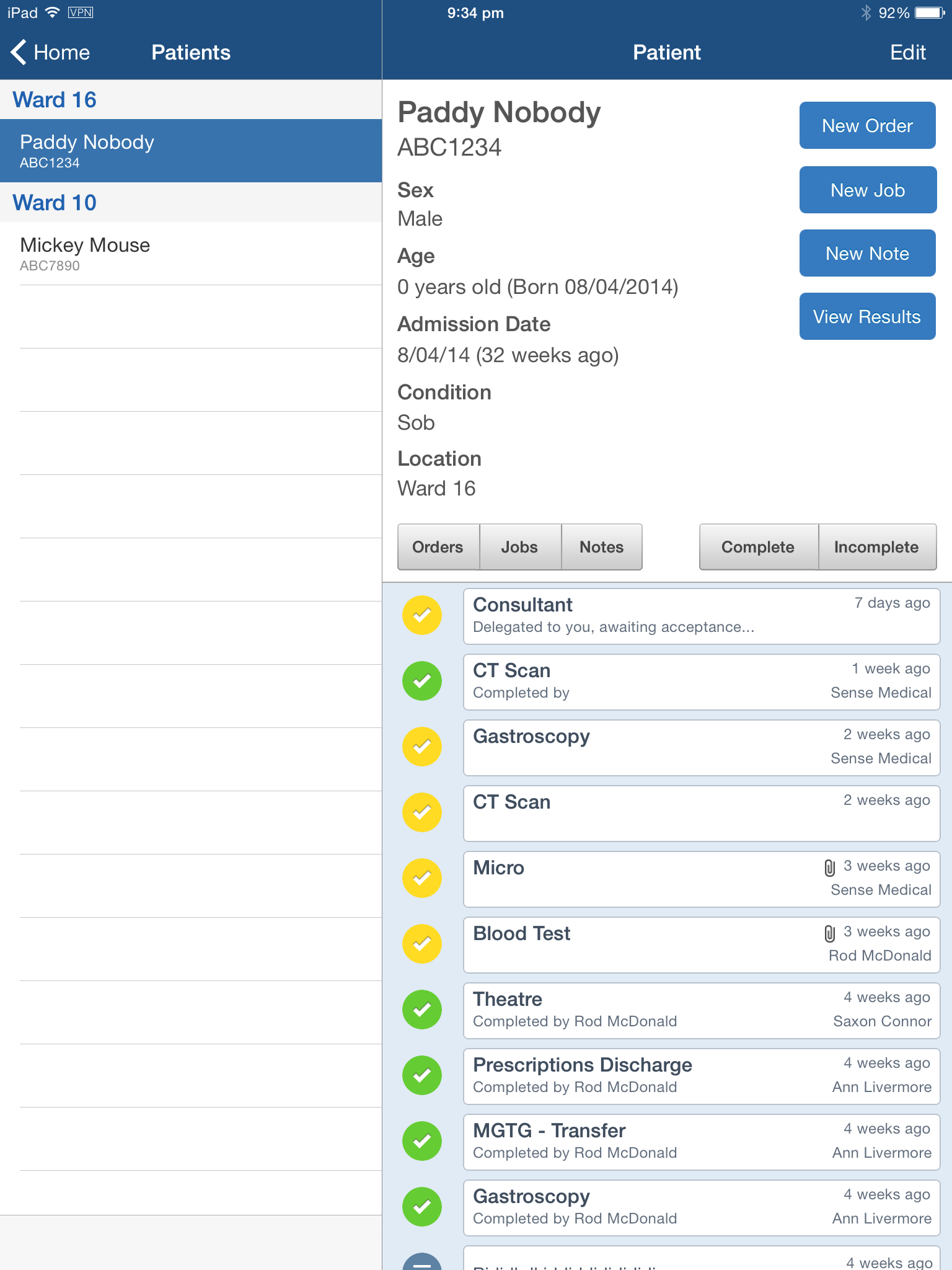Cortex version 1 in 2014: a patient page with orders, jobs, and notes in the blue iOS 7 style