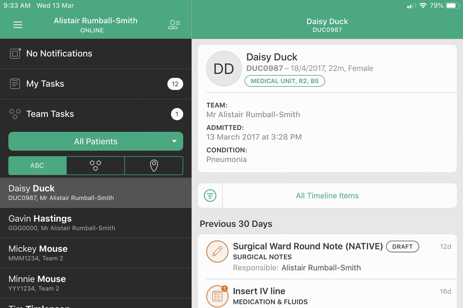 The Cortex iOS app showing a patient timeline