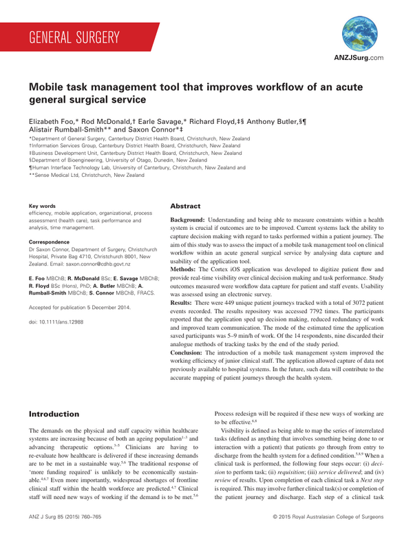 First page of the 2015 ANZ Journal of Surgery paper on the Cortex deployment in General Surgery