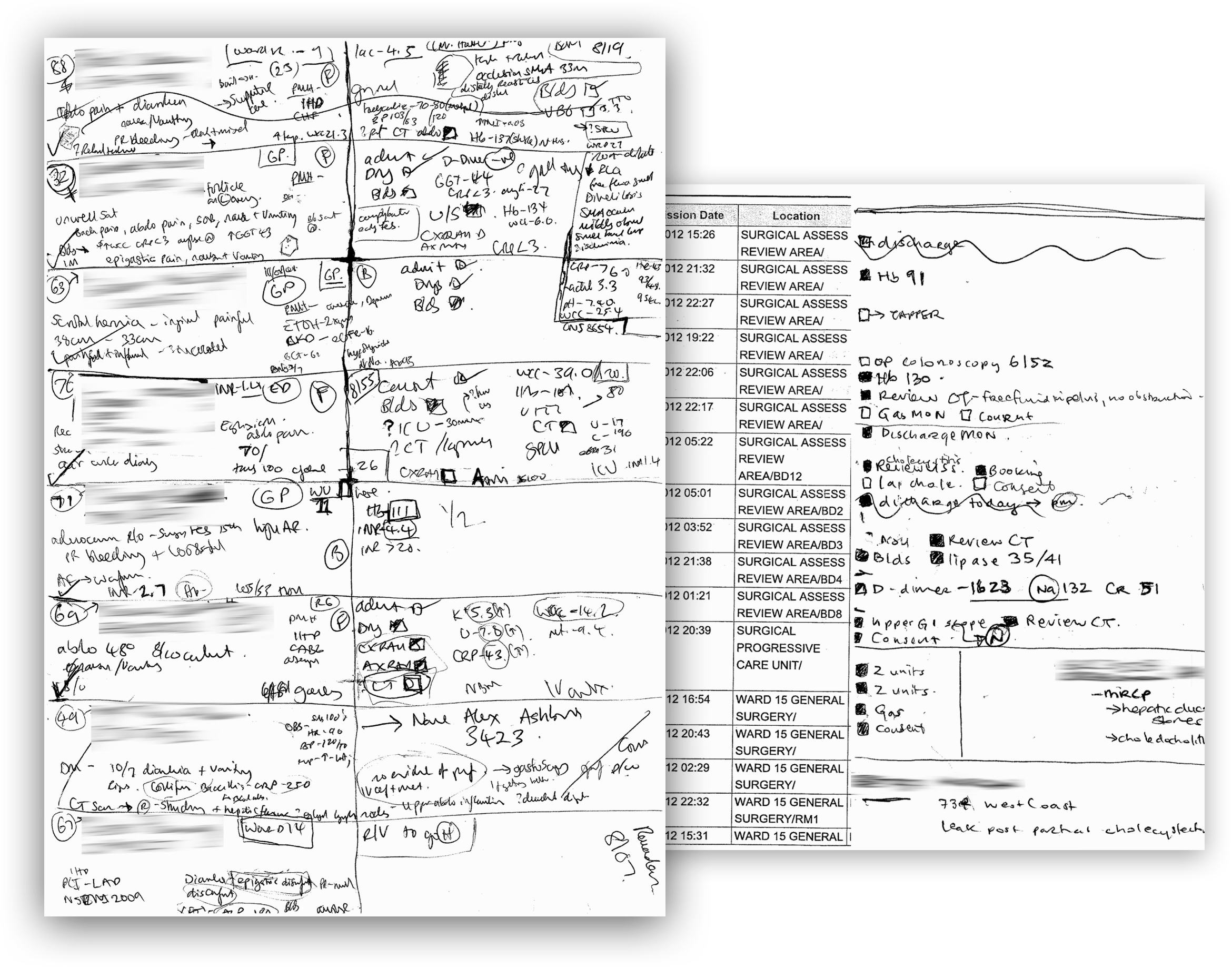 Handwritten ward round paperwork and an annotated printed patient list, details redacted